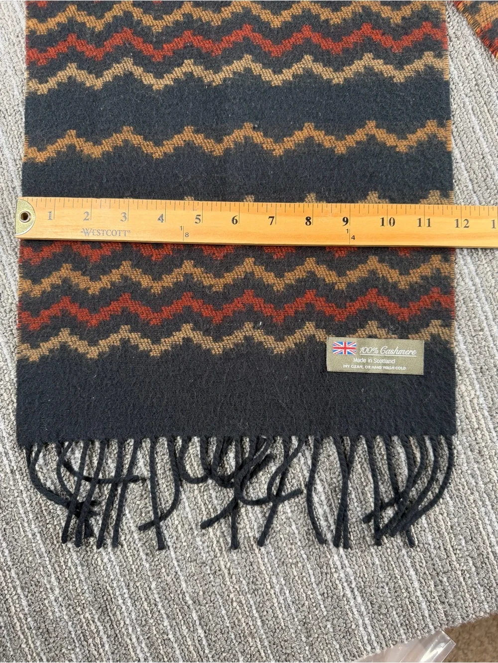 100% Cashmere Scarf- Made inScotland Navy with Chevron and Fringe